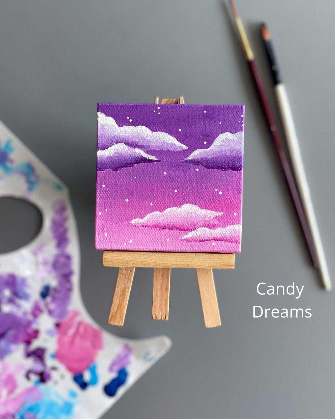 Custom 3x3in "Candy Clouds" Mini-Painting with Easel